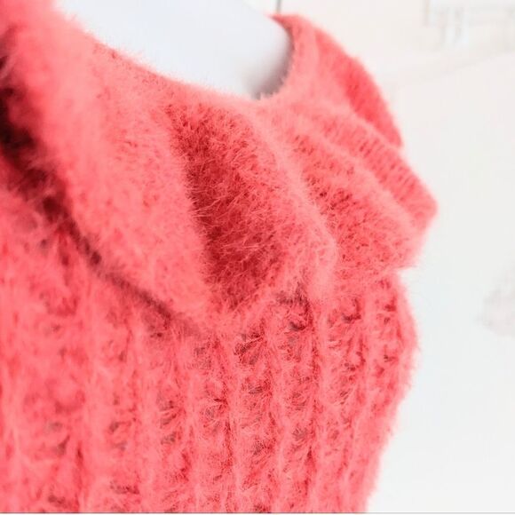 ANTHROPOLOGIE textured ruffle boat neckline off shoulder coral sweater Small - Picture 2 of 11